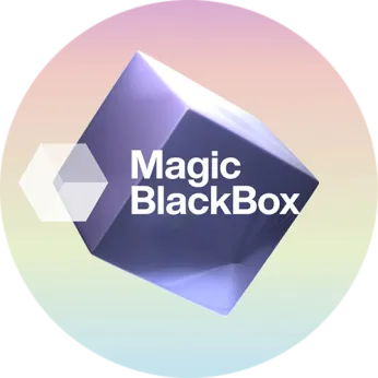 Logo Magic Black Box Schrifzug vor einem violetten Würfel